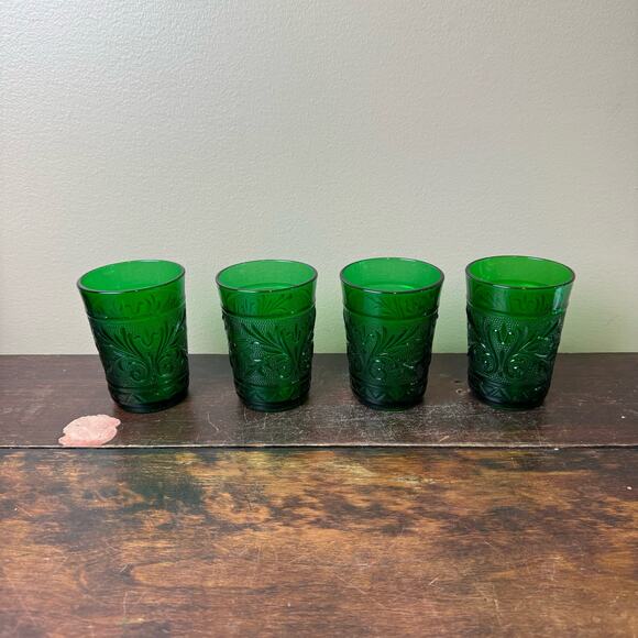 Set of 4 Anchor Hocking VTG 30s Forest Green Oatmeal Sandwich Pattern Glasses - Picture 2 of 9